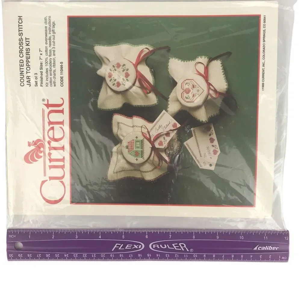 NOS Vintage Current Counted Cross Stitch Kit 3 Jar Toppers 7''x7'' Cotton 1989